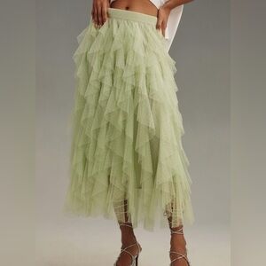 Anthropologie The Chéri Ruffled Tulle Midi Skirt in Green. Size XS